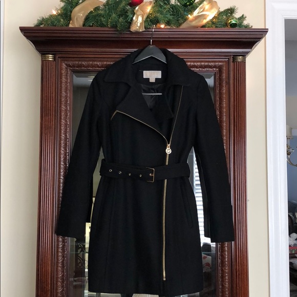 michael kors black wool coat gold zipper